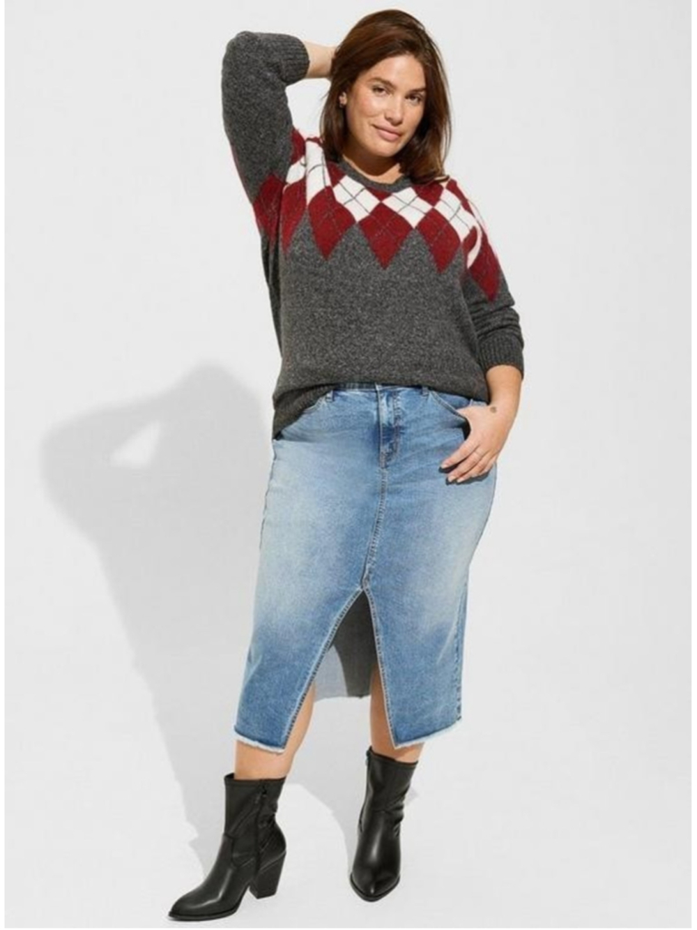 Torrid Vegan Cashmere Crew Neck Sweater Argyle Sz 2 (2X/18-20) in Charcoal Grey